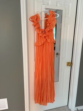 LAWLESS Coral-Orange Ruffled Halter Maxi Dress